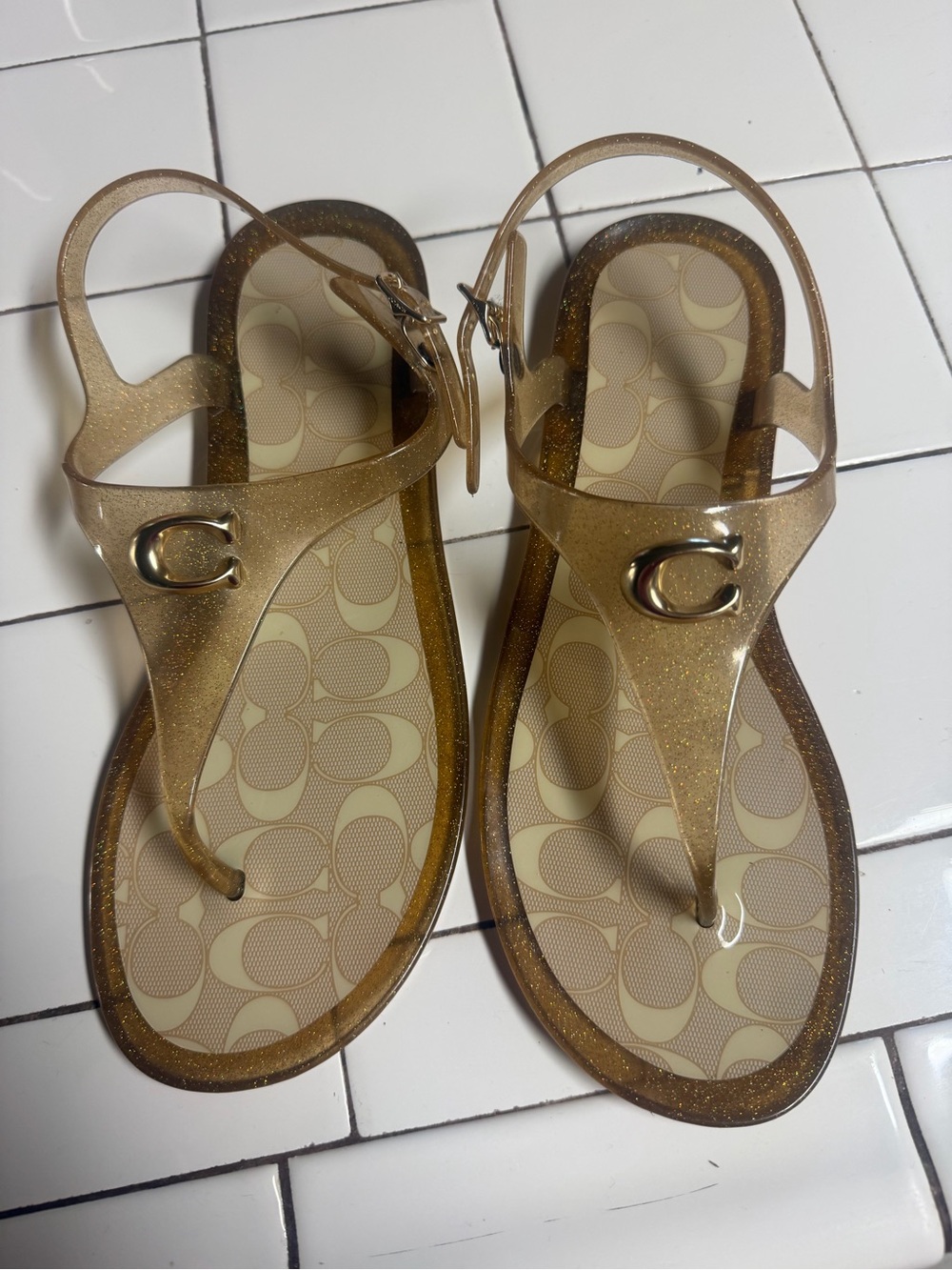 Coach Gold Glitter Jelly T-Strap Sandals with Signature Insole